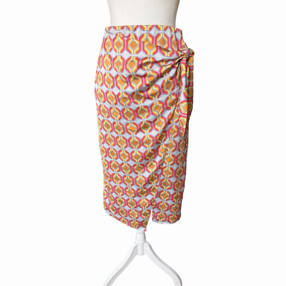 Aritzia Babaton Womens Size 6 Faux Wrap Skirt Midi Printed Satin Pink Yellow